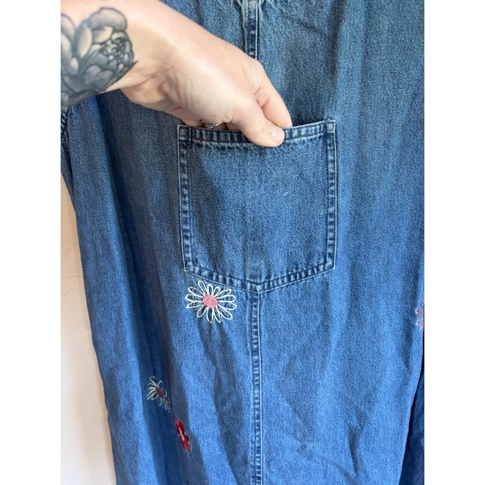Vintage 90s Y2K Agapo Denim Overall Midi Maxi Dress 1X Embroidered Cottagecore - Picture 3 of 7